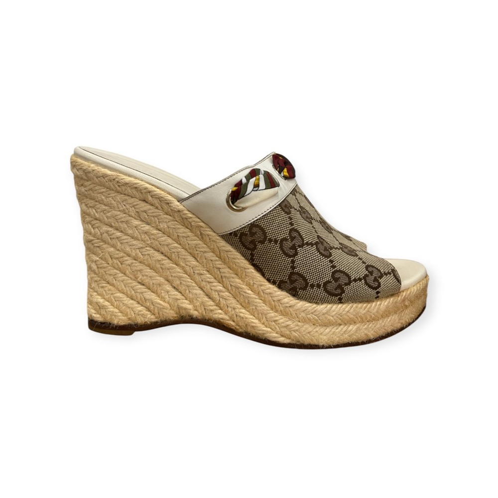 Gucci Beige GG Canvas Espadrille Wedge Peep Toe Slides Size 37C